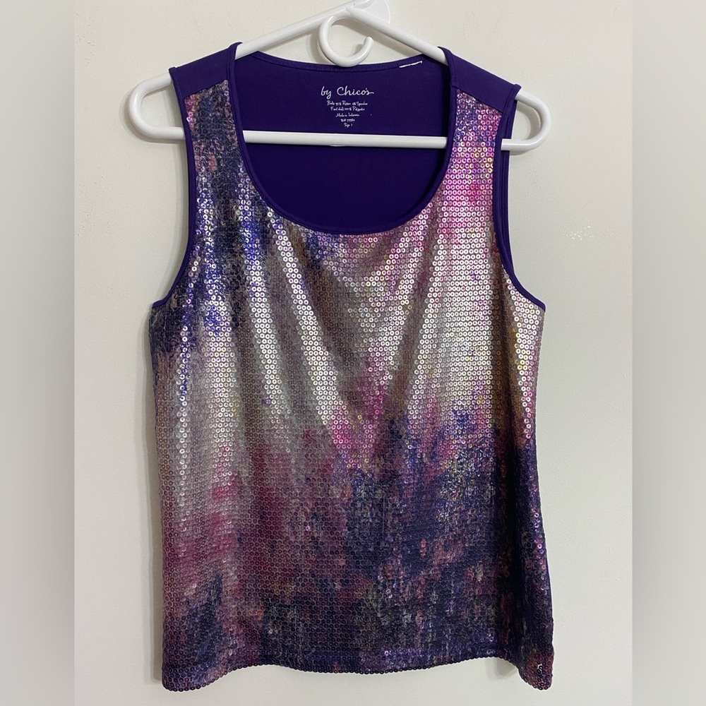 Chico’s Sequin Sleeveless Tank Top, Mfg size 1 = std 8 Medium, Stretchy, lined